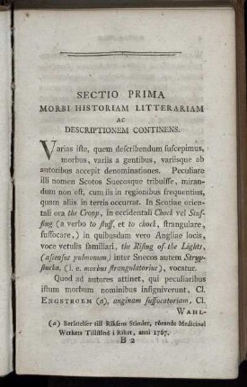 Sectio Prima Morbi Historiam Litterariam Ac Descriptionem Continens.