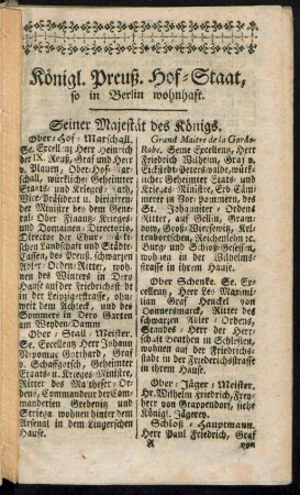 Königl. Preuß. Hof-Staat, so in Berlin wohnhaft