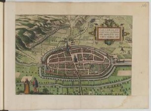 Vogelschauplan von Kalkar (Münstereifel), kolorierter Kupferstich, 1576 : Calcaria, Dvcatvs Clivensis, Mvltis Dotibvs, Nobile Opp. / [Hrsg.: Braun u. Hogenberg]. - [Coloniae Agrippiniae], [1576]. - 1 Vogelschauplan : Kupferst. ; 46,7 x 32,3 cm. - Mit Trachtenpaar.