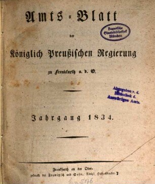 Amtsblatt der Regierung zu Frankfurt a.d. Oder. 1834