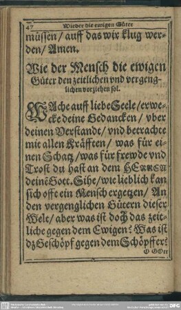 Wie der Mensch die ewigen Güter den zeitlichen und vergenglichen vorziehen sol