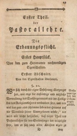 Erstes Hauptstück. Von den zum Hirtenamte nothwendigen Eigenschaften.