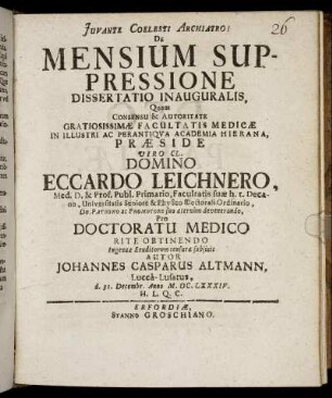 De Mensium Suppressione Dissertatio Inauguralis