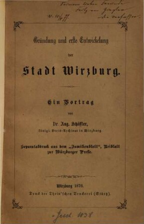 Gründung und erste Entwickelung der Stadt Wirzburg : ein Vortrag