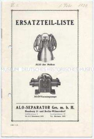 Ersatzteilliste für "Alo der Melker" und Alo-Vakuumpumpe