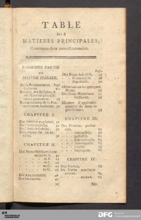 Table des Matieres Principales, Contenues dans cette Grammaire