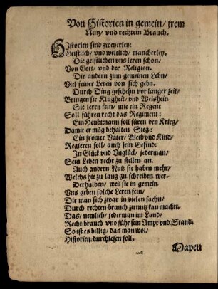 Von Historien in gemein/ irem Nutz/ und rechtem Brauch.