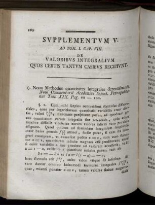 Supplementum V. Ad Tom. I. Cap.VIII. De valoribus integralium quos certis tantum casibus recipiunt.