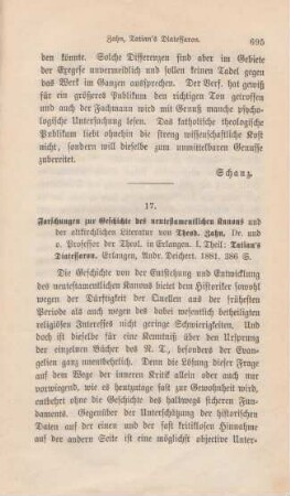 695-701 [Rezension] Zahn, Theodor von, Forschungen zur Geschichte des neutestamentlichen Kanons und der altkirchlichen Literatur ; 1.Tatian's Diatessaron