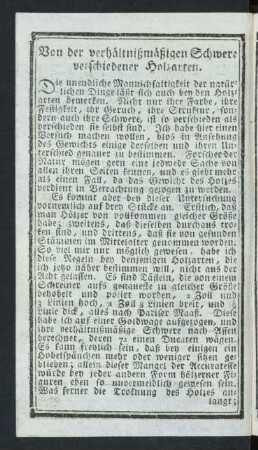 Von der verhältnißmäßigen Schwere verschiedener Holzarten.