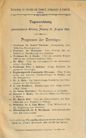 Versammlung der deutschen und österreichischen Anthropologen in Innsbruck 1894. : Tagesordnung der gemeinsamen Sitzung Montag 27. August 1894.