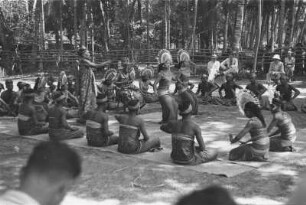 Tänze im Wald : Bali-Tänzerinnen und Musikern in einer Waldlandschaft. Exkursionsmitgliedern im Hintergrund