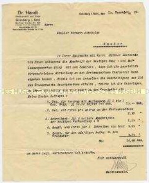 Rechnung für die Anwalts-Gebühren bezüglich eines Haus-Kaufes für Hermann Koscholke - Familienkonvolut