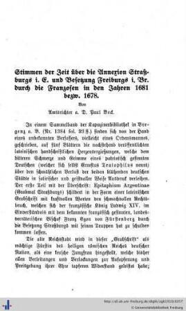 Stimmen der Zeit über die Annexion Straßburgs im Elsaß (1681) und die Besetzung Freiburgs im Breisgau (1678) durch die Franzosen.