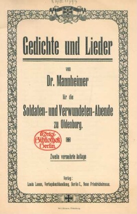 Gedichte und Lieder für die Soldaten- und Verwundeten-Abende zu Oldenburg