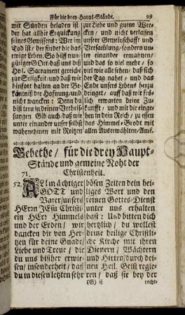 Gebethe/ für die drey Haupt-Stände und gemeiner Noht der Christenheit.