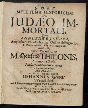Meletema Historicum De Judaeo Immortali
