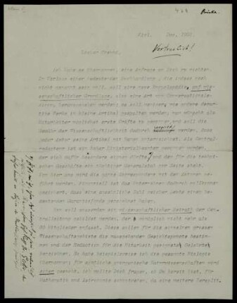 Brief von Johannes Reinke an Felix Klein, Kiel, Dezember 1901