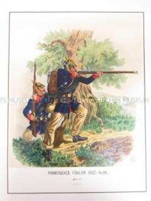 Uniformdarstellung, Gemeine des Pommerschen Füsilier-Regiments No. 34, Preußen, 1864. Tafel 79 aus: Schindler: Militair-Album.