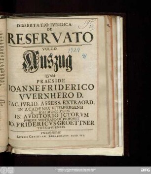 Dissertatio Ivridica De Reservato Vulgo Auszug
