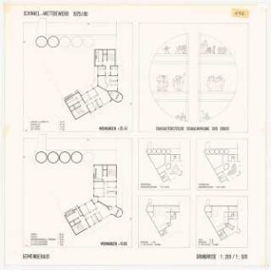 Platzbebauung mit Wohnungen, Gewerbe und sozialen Einrichtungen am Viktoria-Luise-Platz, Berlin-Schöneberg Schinkelwettbewerb 1980: Grundrisse der Wohnungen im Gemeindehaus, 1:200, 1:500