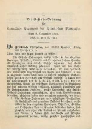 I. Die Gesinde-Ordnung für sämmtliche Provinzen der Preußischen Monarchie