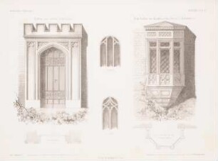 Vorbau am Schloss Babelsberg. Holzvorbau am Dampfmaschinenhaus, Babelsberg: Grundrisse, Ansichten, Details (aus: Architektonisches Skizzenbuch, H. 39, 1859)
