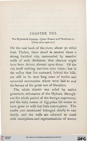 Chapter VIII: The Eigtheenth Dynasty - Queen Hatasu and Thothmes III: