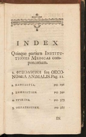 Index Quinque partium Institutiones Medicas copmonentium
