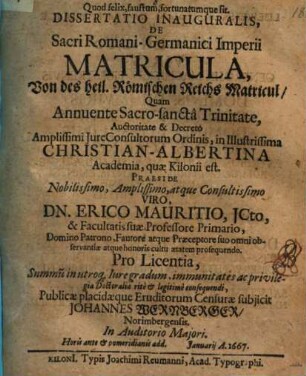 Diss. inaug. de Sacri Romano-Germanici Imperii matricula