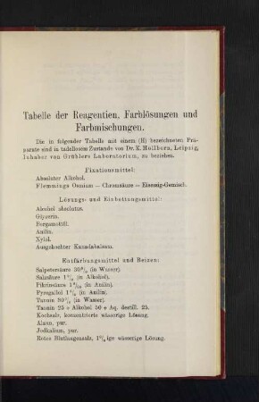 Tabelle der Reagentien, Farblösungen und Farbmischungen.