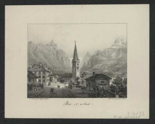 Ansicht von Bex, Schweiz, Lithographie, um 1840 : Bex (Cn. de Vaud.) / A. Cuvillier d'apres du Bois. Lith. de Lemercier. - Paris , [um 1840]. - 1 Ansicht : Lithographie ; 12 x 9 cm