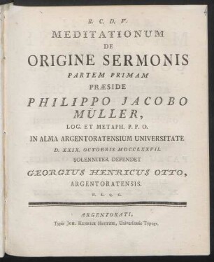 Meditationum De Origine Sermonis Partem Primam