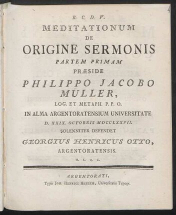 Meditationum De Origine Sermonis Partem Primam