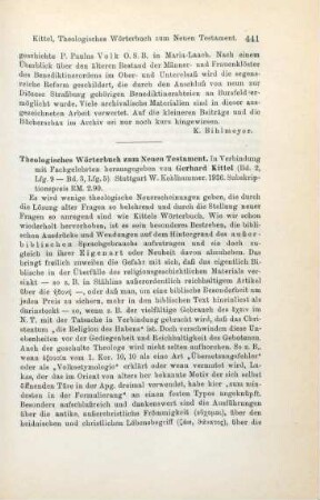 441-442 [Rezension] Theologisches Wörterbuch zum Neuen Testament ; Bd.2, Lfg.9 - Bd.3, Lfg.5