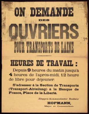 "On demande des Ouvrières pour Transports de Laine"