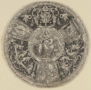 Schalenboden mit Medaillon der Caritas, umgeben von den sieben Werken der Barmherzigkeit