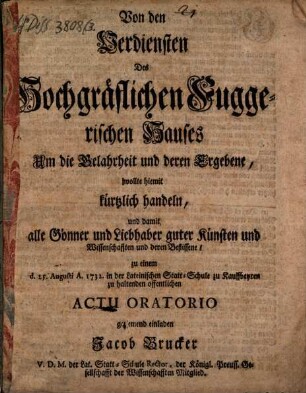 Von den Verdiensten des Hoch-Gräfl. Fuggerischen Hauses um die Gelaehrtheit ...