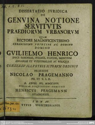 Dissertatio Ivridica De Genvina Notione Servitvtis Praediorvm Vrbanorvm