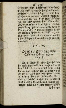 Cap. V. Ob man zu Zeiten auch wohl Gifft ohne Schaden nehmen könne?