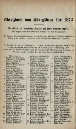 Verzeichnis der bewohnten Straßen und jedes einzelnen Hauses, mit Angabe namhafter Bewohner desselben und des Eigenthümers.