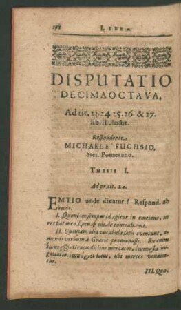 Disputatio Decima Octava. Respondente Michaele Fuchsio