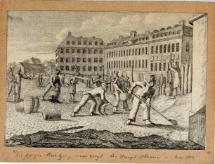Die französischen Besatzer verschanzen im November 1813 die Straßen. Blatt 11 aus der Serie "Dresdens Not und Rettung, 1813"