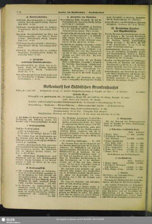 Kostentarif des Städtischen Krankenhauses