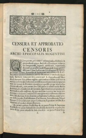 Censura Et Approbatio Censoris Archi-Episcopalis Moguntini