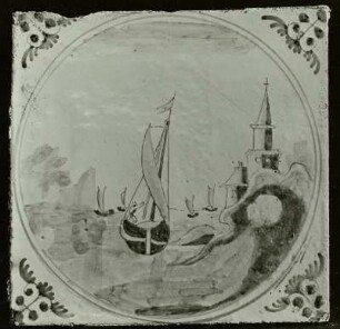 Ofenkachel: Segelschiff in Hafeneinfahrt