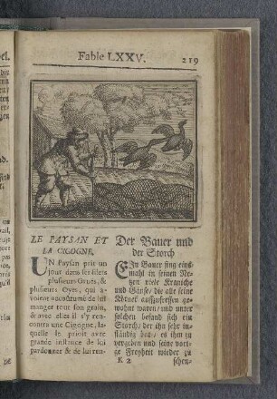 Fable LXXV. : Le paysan et la cigogne. Der Bauer und der Storch.