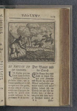 Fable LXXV. : Le paysan et la cigogne. Der Bauer und der Storch.