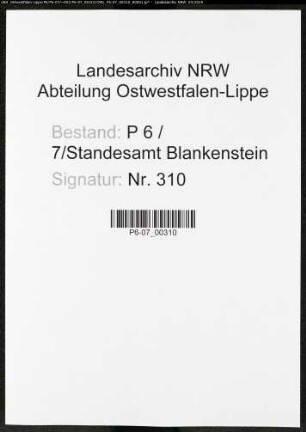 Sterberegister Standesamt Blankenstein/Ruhr
