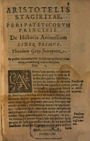 Aristotelis Stagiritae Peripateticorvm Principis Opera Omnia : in partes septem diuisa, 5. De Historia, Partibus, Incessusq[ue] Animalium; ac de ipsa Anima libri omnes
